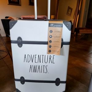 Rae Dunn travel Luggage 28 expandible spinner suitcase white Adventure awaits Nw